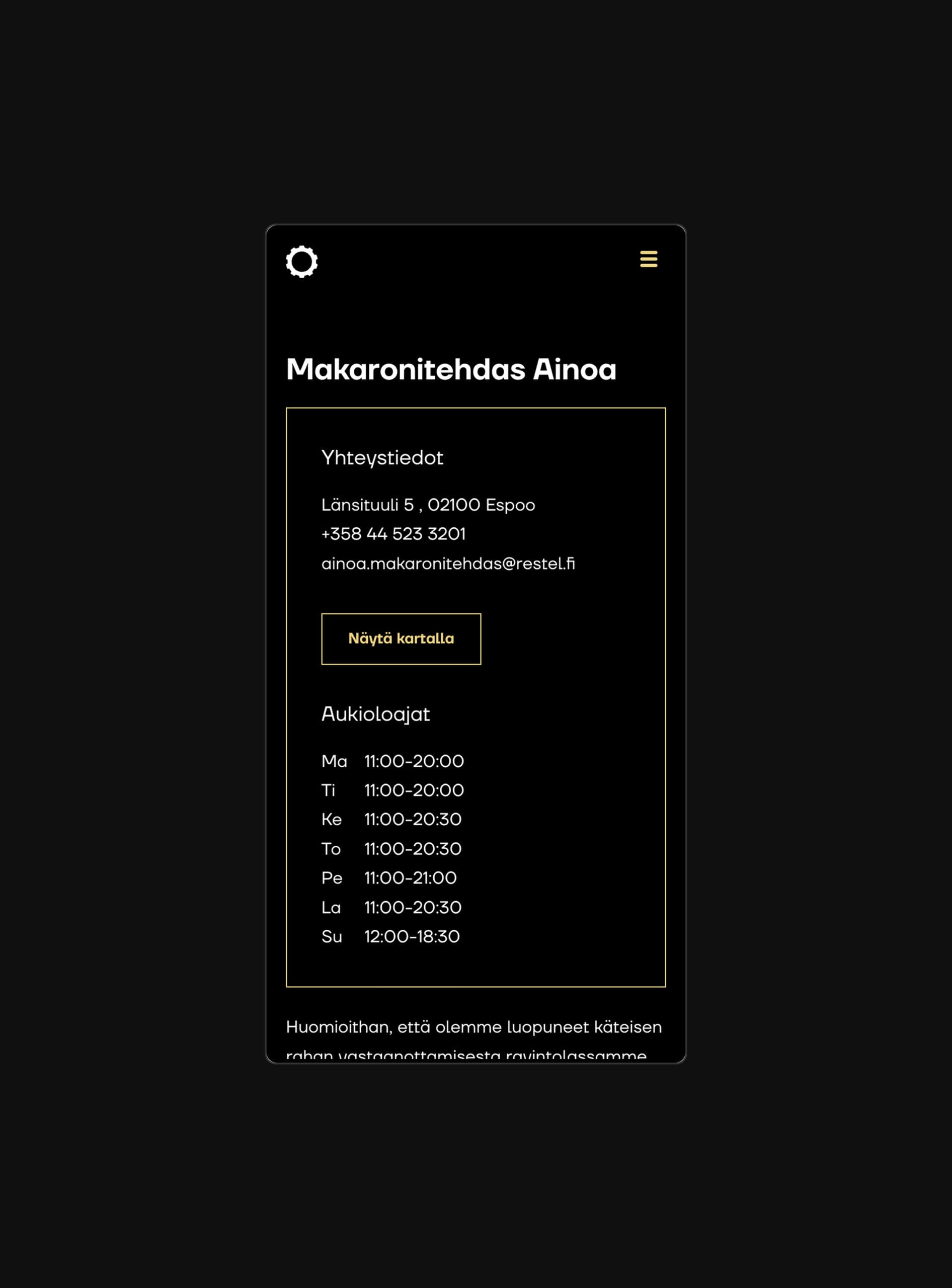 Ravintolan yhteystiedot mobiilikäyttöliittymässä.